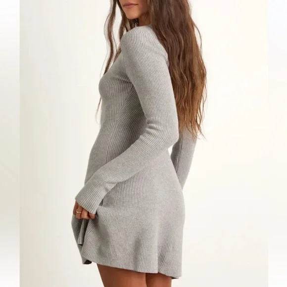 Lulu's Gray Ribbed Button-Front Sweater Dress - Picture 4 of 8